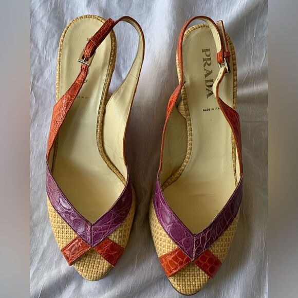 PRADA Slingback Rattan Leather Wedge Open Toe colorful Sandals Shoes sz 8.5-9 - Picture 2 of 10
